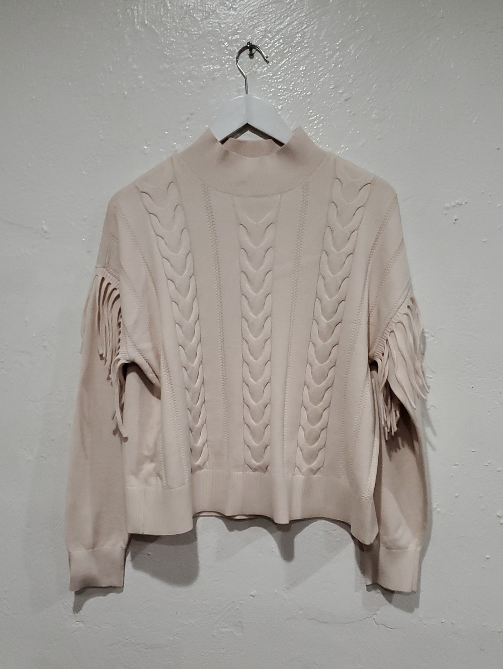 LOFT Cream Cable-Knit Fringe Turtleneck Sweater